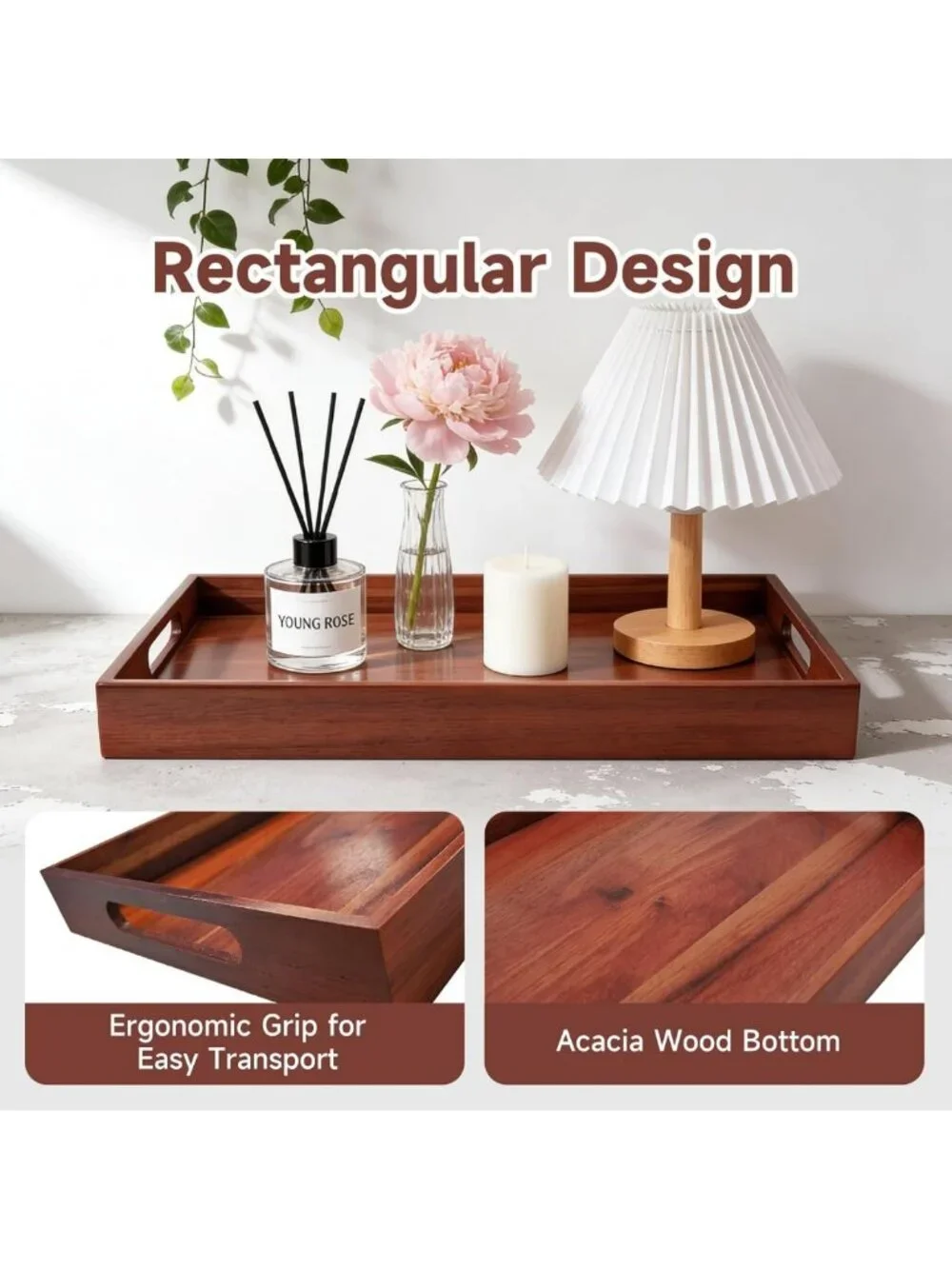 Large Acacia Wood Serving Tray with Handles - 17x12 Inch for Food & Drinks
